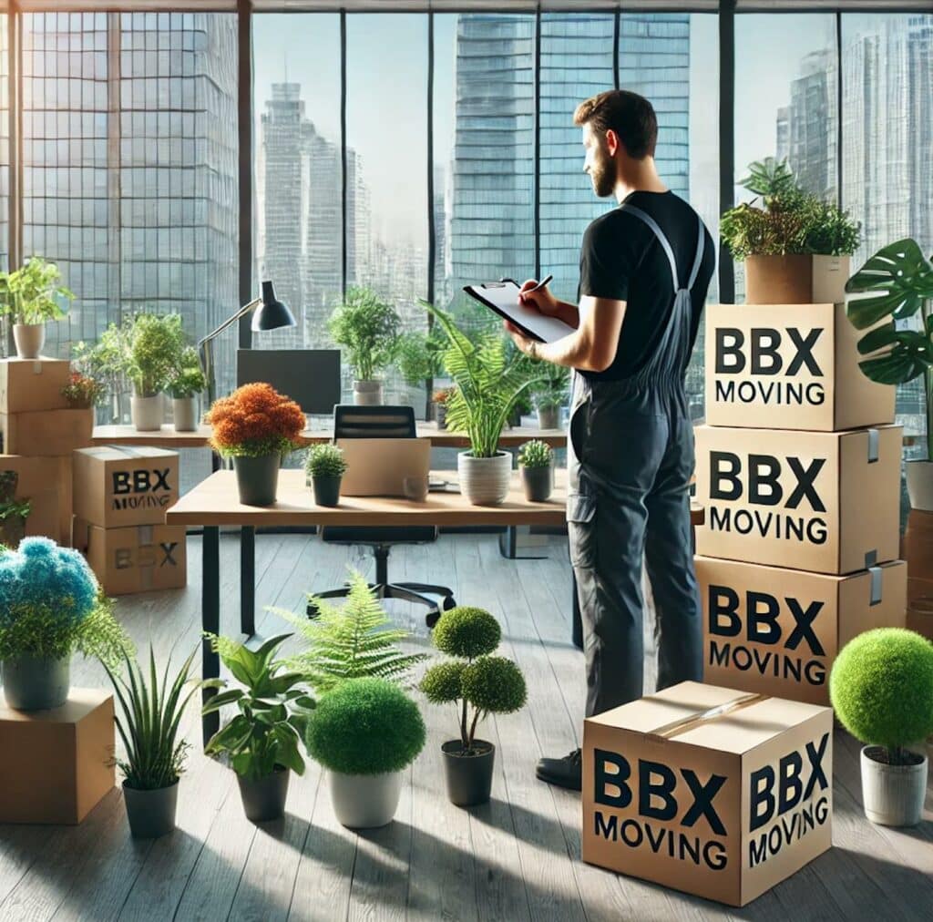 A person holding a clipboard stands amidst moving boxes labeled "BBX Moving" and an array of potted plants in a Vancouver office with a stunning city view, ready to relocate plants seamlessly to their new destination.